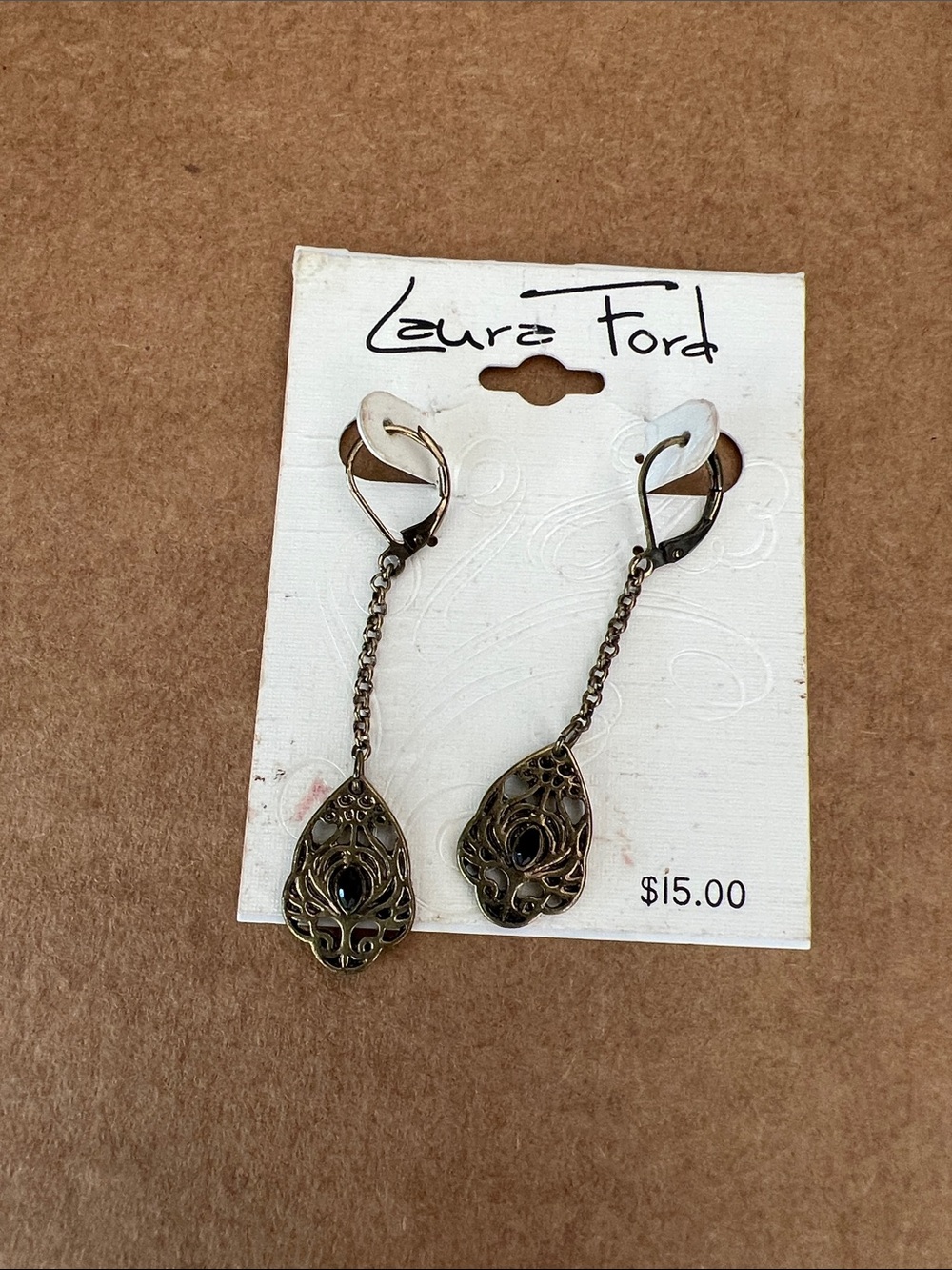 Antique Brass Teardrop Dangle Earrings with Black Accent